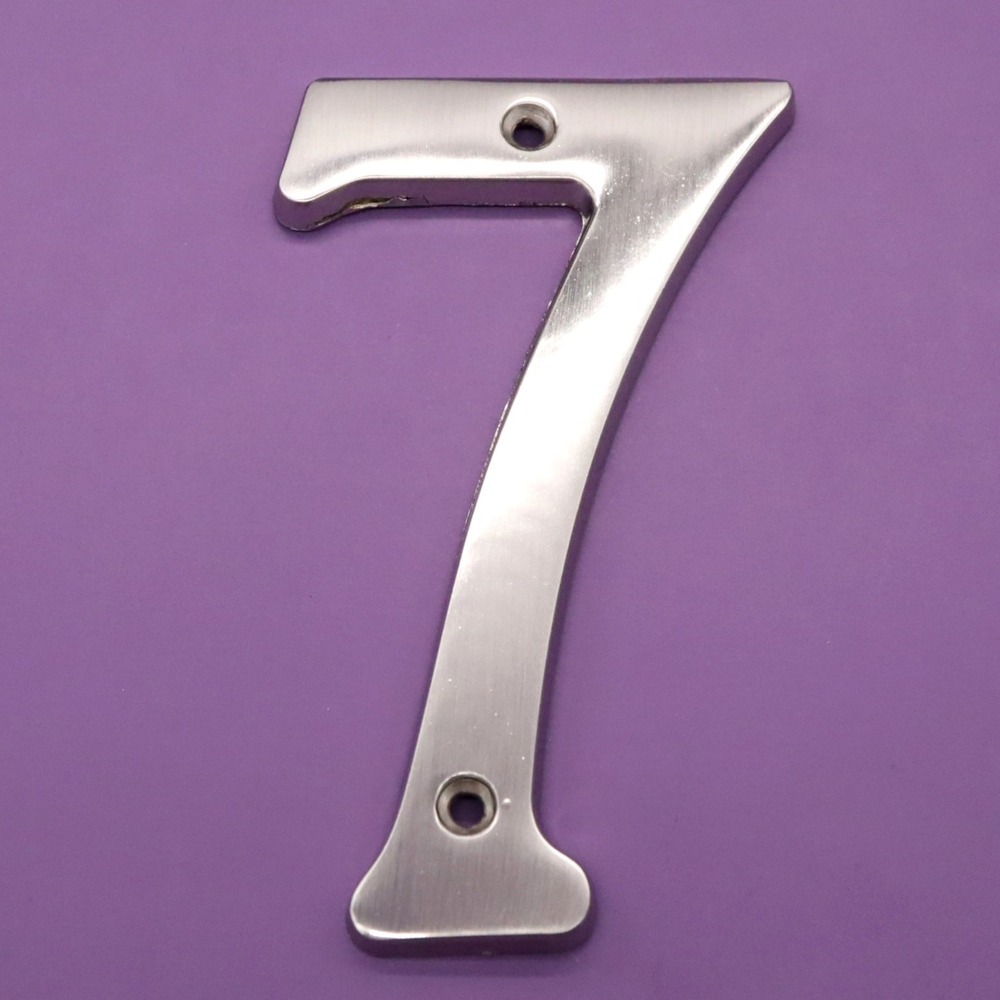 Number 7 Seven Satin Nickel 4" House Number w/ Hardware Wall Mount Post Address